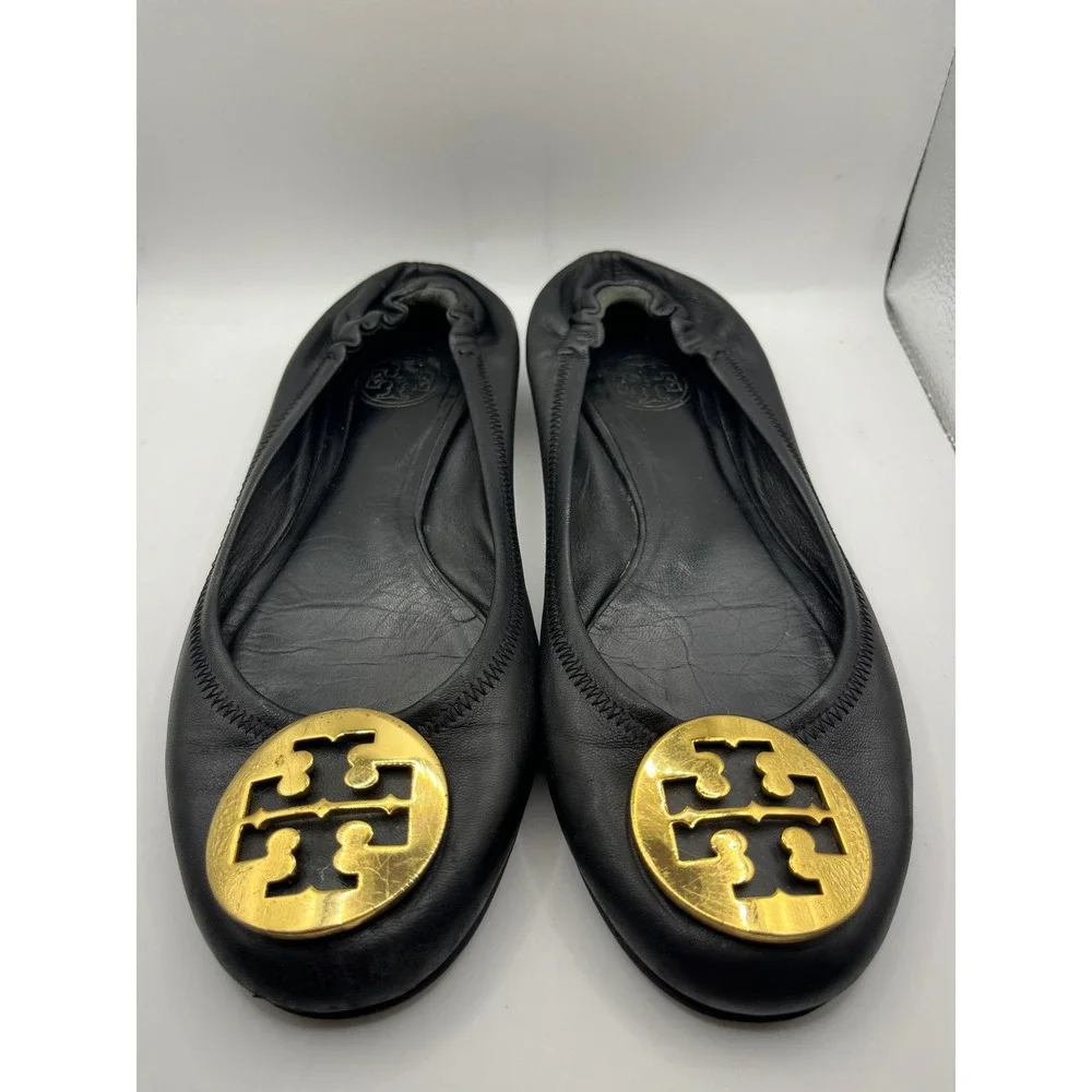 Tory Burch Black Leather Minnie Travel‎ Ballet Flats Gold Logo Women's Size